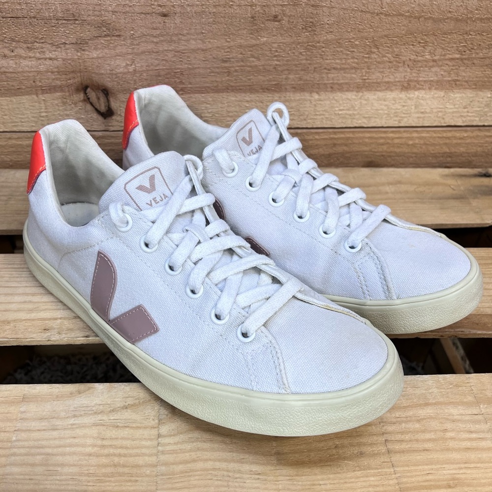 Veja White Sneakers with Pink Accent and Coral Heel - Picture 5 of 15